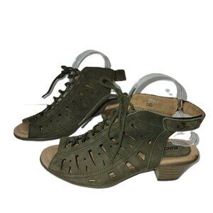 NWOT Earth Kristen Dark Olive Leather Peep Toe Block Heel Cage Sandals 9D